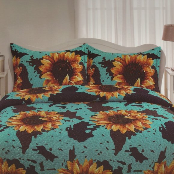 Cow Print & Sunflowers Turquoise Western Bedding Set Queen King Size Velvet Over - Picture 3 of 3